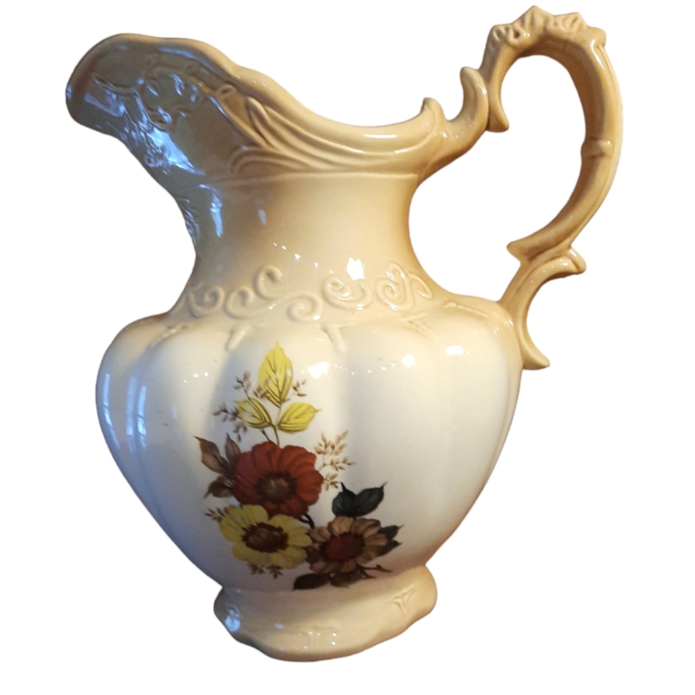 Antique Large England Ironstone 1890 Wash Water Pitcher Vase Floral Beige Cream